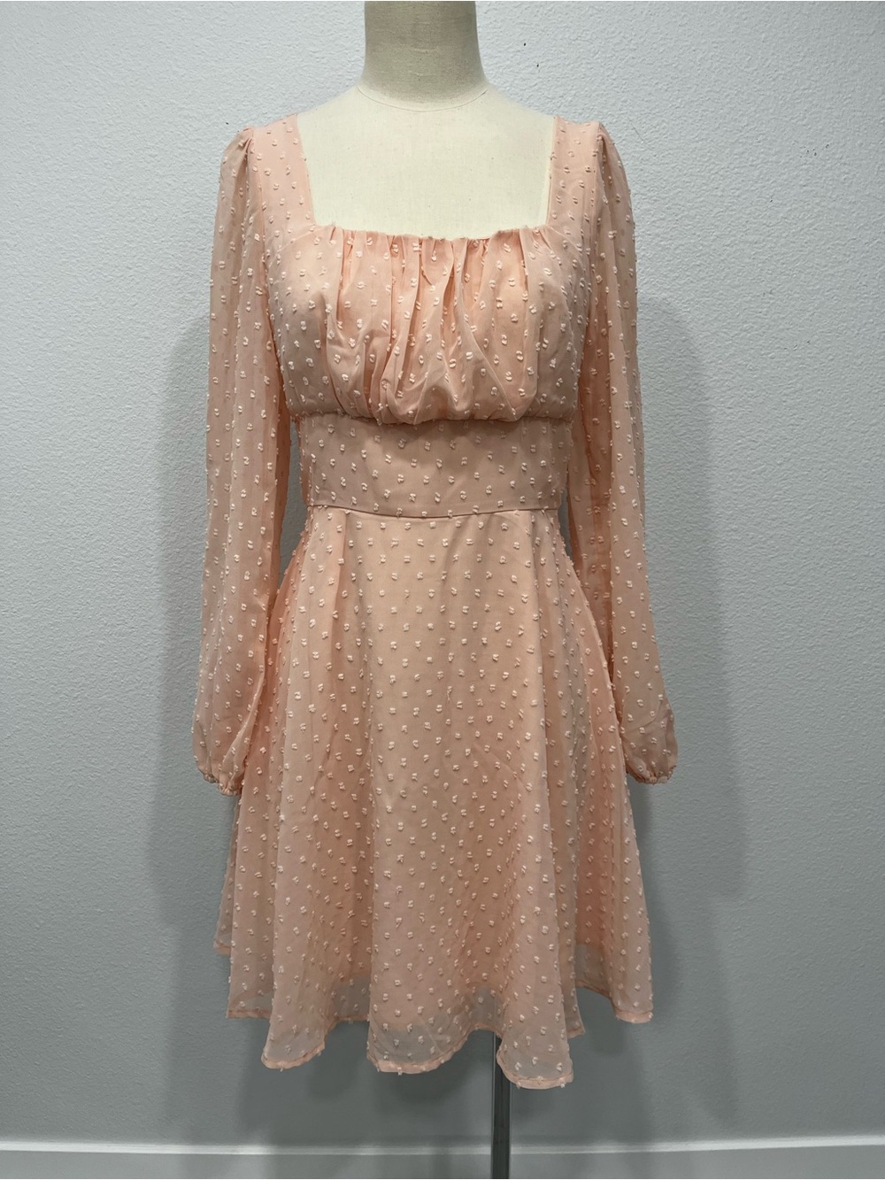 Long Sleeve Square Neck Pink Dress with Swiss Dot Texture Cottage Core feminine